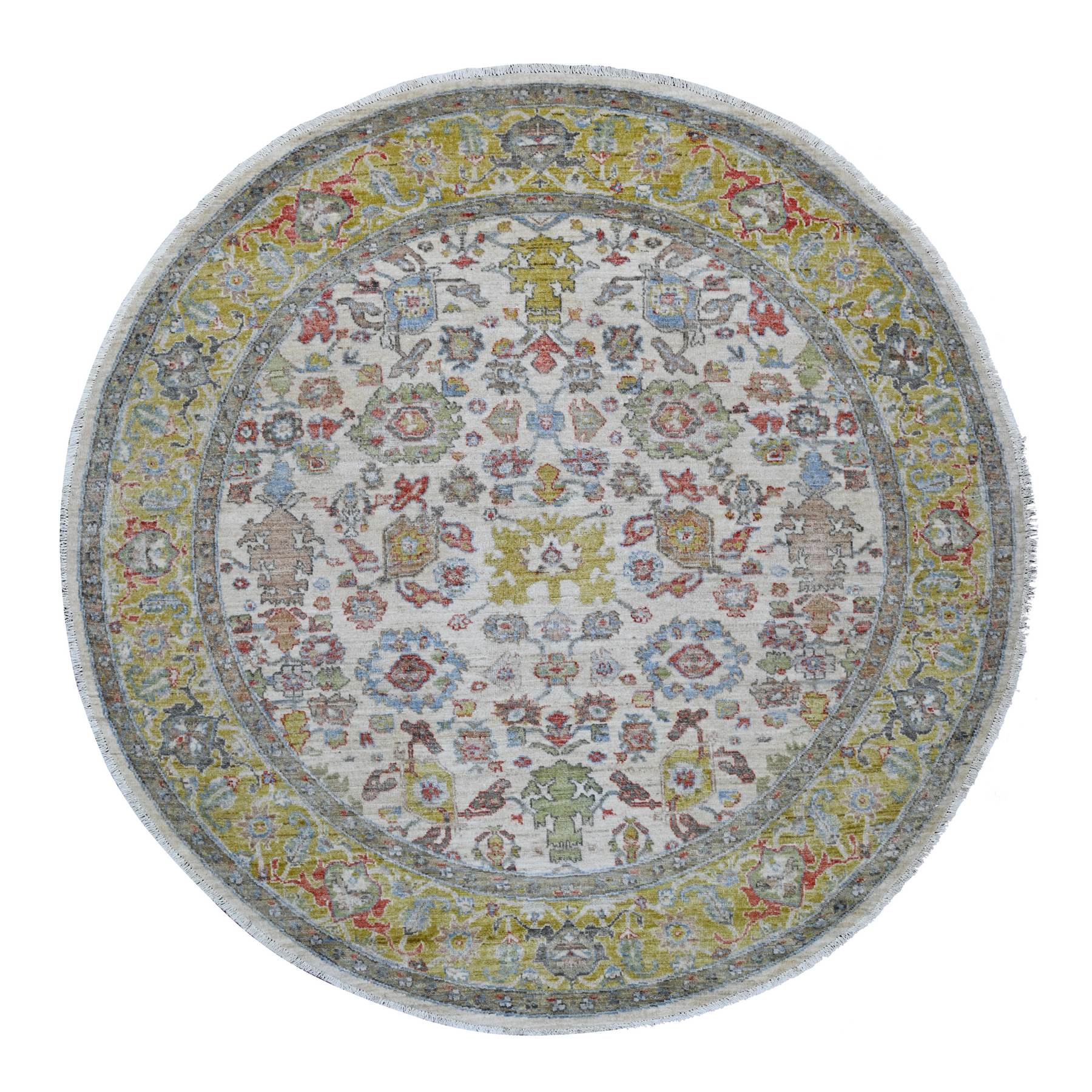 6'x6' Pearl White, Peshawar with Ziegler Mahal Design, Hand Knotted, High Mountain Wool, Denser Weave, Round, Oriental Rug 